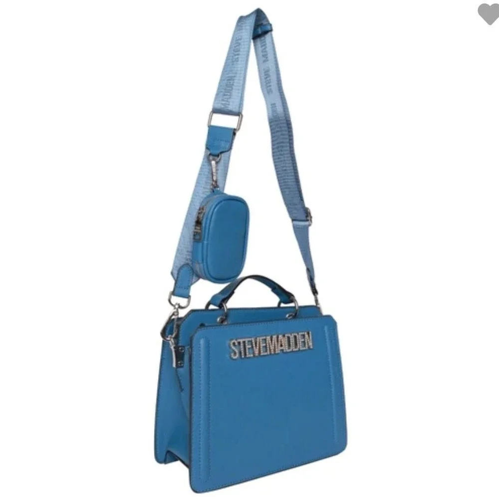 Steve Madden Blue Crossbody Bag‎ Rhinestone Logo With Mini Pouch New